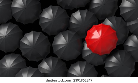 Background with umbrellas. Stylish backdrop. Red umbrella stands out among black ones. Individuality concept. One umbrella stands out from crowd. Stylish background. Fashionable umbrellas. 3d image