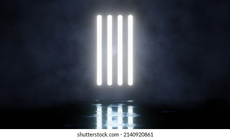 Background With Vertical Neon Lights, Fog And Reflection On The Floor. The Stage For The Show. The Glow Of Neon Lights On An Empty Concert Venue. 3d Render