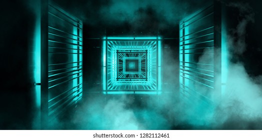 Background wall with neon lines and rays. Background dark corridor with neon light. Abstract background with lines and glow. Metal construction, light cube, frame, neon smoke. 3D Rendering