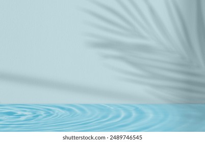 Background Water Summer Podium Surface, Pool With Cool Fresh Blue Sea Light, Banner Wall Color Pattern, Pure Liquid Beauty Scene For Product Display, Cosmetic Mockup And Seasonal Advertising