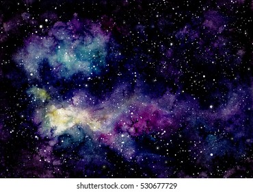 Background With Watercolor Starry Sky, Nebula And Yellow Shine