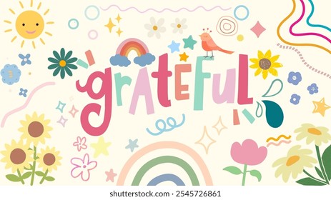 Background with the word "grateful" combined with flower icons, rainbows, patterns with cute and attractive colors. - Powered by Shutterstock