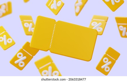Background of yellow coupons with pinterest. A loyal program for customers, profitable purchases. Online store. 3d rendering