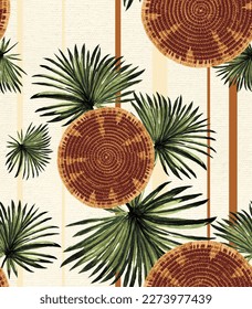 Backgrounds seamless pattern, showing the introduction of an element made of hand-made straw with green foliage amid stripes with application of linen texture at the bottom.