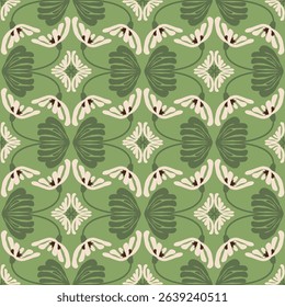 the background,tile and fabric patterns are created by combining curves to form branches and leaves,while the flowers are colored to create a simple,geometric shape.