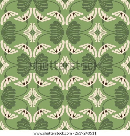 the background,tile and fabric patterns are created by combining curves to form branches and leaves,while the flowers are colored to create a simple,geometric shape.