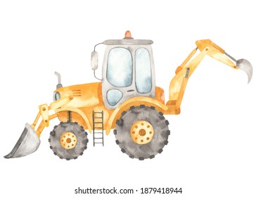 Backhoe Loader, Tractor With Bucket In Cartoon Style For Kids. Watercolor Construction Machines.