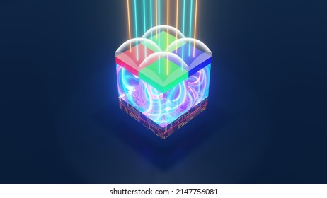 Back-illuminated sensor principle demonstration, microlences, photodiodes, colour bayer filters, metal wiring. With rays of light from top. 3D rendering