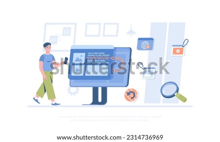 Backlink, Link building, Search engine optimization. Active link to content source, hyperlink connection. Cartoon modern flat raster illustration for banner, website design, landing page.	
