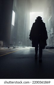 Backlit Person Walking In The City, 3d Rendering And Digital Painting, Concept Illustration