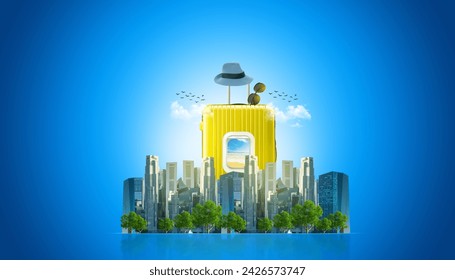 Backpack with an airplane on a colored background. World tourism day concept. Concept of travel, tourism, vacation, vacation, dream. - Powered by Shutterstock