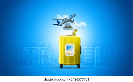 Backpack with an airplane on a colored background. World tourism day concept. Concept of travel, tourism, vacation, vacation, dream. - Powered by Shutterstock