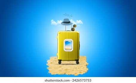 Backpack with an airplane on a colored background. World tourism day concept. Concept of travel, tourism, vacation, vacation, dream. - Powered by Shutterstock