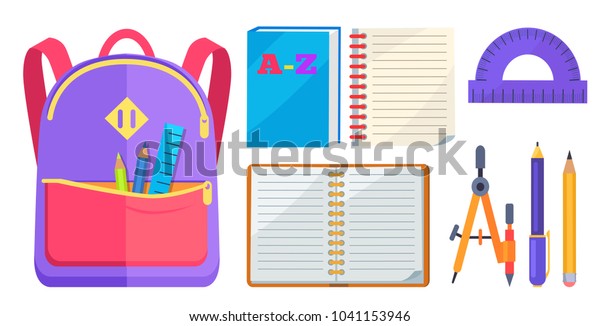 Backpack for child with\
school stationery accessories pencils and ruler in back pocket,\
open exercise book, protractor and compass divider isolated on\
white\
background