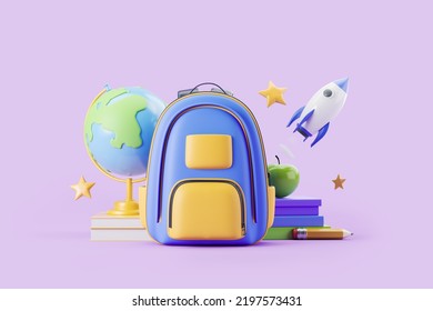 Backpack And Earth Globe, Stack Of Books With Apple. Rocket Flying On Purple Background. Concept Of Knowledge And Education. 3D Rendering