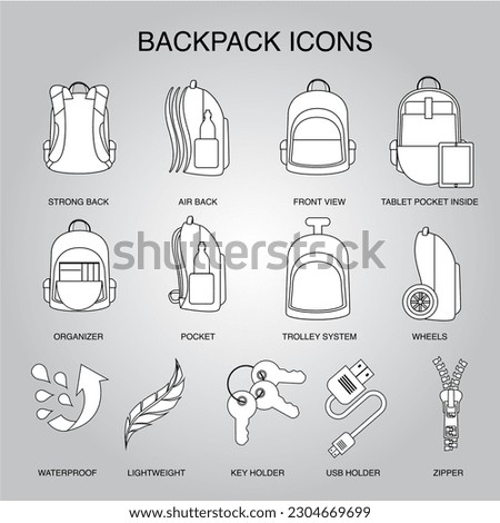 Backpack school icon, feature, special characteristic, vector, tablet, phone, bottle, trolley backpack, ergonomic backpack