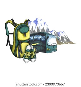 Backpack   sneakers the background tourist bus   snow  capped mountains  Tourism   travel  Watercolor hand drawn illustration  Designed for flyers  banners   postcards  For invitations 