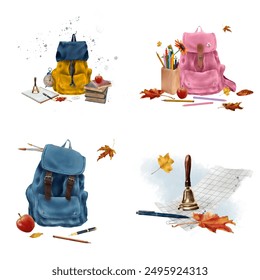 Backpack and stack of books. A set of compositions on a school theme. Colored pencils in a pencil case, pens and textbooks, a checkered notebook. Bronze school bell. Watercolor illustration on white