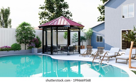 Backyard Design With Freeform Pool, Kitchen, Gazebo 