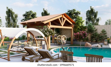 Backyard Design With Freeform Pool, Kitchen, Gazebo 