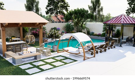 Backyard Design With Freeform Pool, Kitchen, Gazebo 