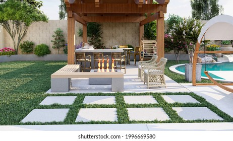 Backyard design with freeform pool, Kitchen, Gazebo 