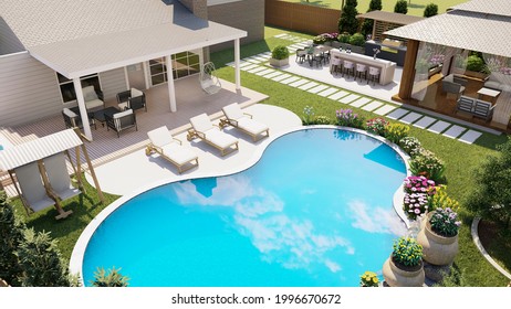 Backyard Design With Freeform Pool, Kitchen, Gazebo 