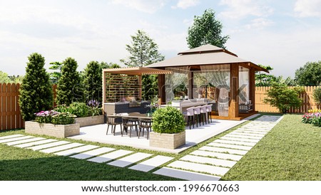 Backyard design with freeform pool, Kitchen, Gazebo  Сток-фото © 