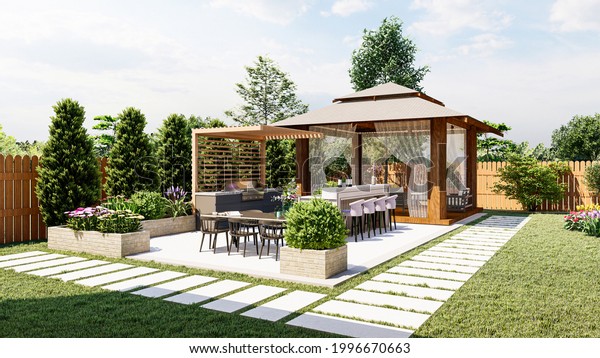 Backyard\
design with freeform pool, Kitchen, Gazebo\
