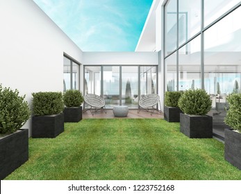 Backyard Houses In The Style Of Contemporary With Two Modern Chairs. 3D Rendering