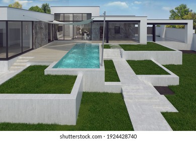 Backyard land art with changes in elevation, 3D render