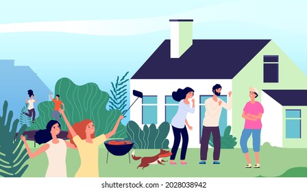 Backyard party. Young people laughing, jumping on trampoline and making photo. Summer BBQ with family and dog. Happy man woman celebrate holiday, weekend time illustration - Powered by Shutterstock