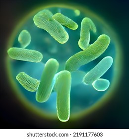 Bacteria Biological Concept. Micro Probiotic Lactobacillus Green Microorganism Or Ebola Microscopic Influenza Cell, Biology Micro Probiotics Hiv Virus.