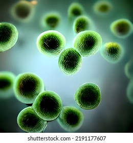 Bacteria Biological Concept. Micro Probiotic Lactobacillus Green Microorganism Or Ebola Microscopic Influenza Cell, Biology Micro Probiotics Hiv Virus.