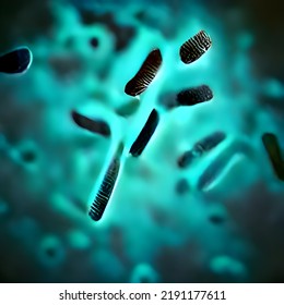 Bacteria Biological Concept. Micro Probiotic Lactobacillus Green Microorganism Or Ebola Microscopic Influenza Cell, Biology Micro Probiotics Hiv Virus.