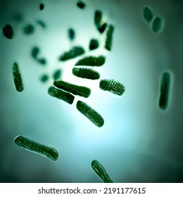 Bacteria Biological Concept. Micro Probiotic Lactobacillus Green Microorganism Or Ebola Microscopic Influenza Cell, Biology Micro Probiotics Hiv Virus.