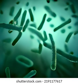 Bacteria Biological Concept. Micro Probiotic Lactobacillus Green Microorganism Or Ebola Microscopic Influenza Cell, Biology Micro Probiotics Hiv Virus.