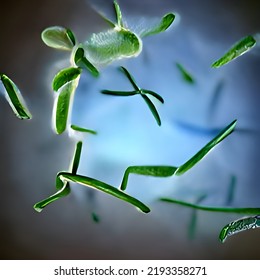 Bacteria Biological Concept. Micro Probiotic Lactobacillus Green Microorganism Or Ebola Microscopic Influenza Cell, Biology Micro Probiotics Hiv Virus.