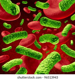 Bacteria Blood Infection Or Bacterial Sepsis As A Medical Illustration For Illness From Green Pathogens Inside The Human Body Attacking Healthy Red Cells As A Health Care Icon Of Disease And Cure.