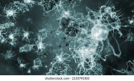 Bacteria Cells And Virus Under Microscope, Concept Of Microbiology, Scientific And Medical Research, Useful As Background Or Intro Animation (3d Render)