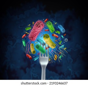 Bacteria Food Outbreak And Bacterial Infection As A Microscopic Background As Dangerous Salmonella And E-coli Disease Strain Case As A Medical Health Risk Concept With Pathogen As A 3D Render.