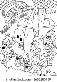 bacteria   monsters under the bed  horror stories  viruses are afraid cleanliness  light  night  cartoons  foot  ghost  coloring book  for children  doodles  black   white  quarantine  family