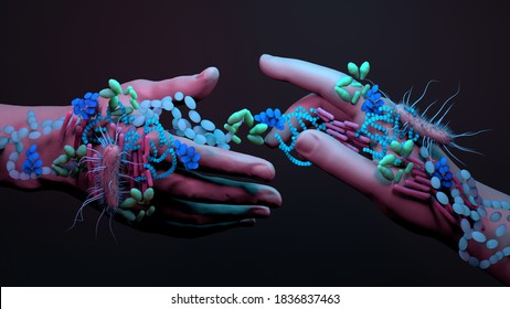Bacteria on the hands, infections spread by hands, Washing your hands can prevent infections. 3d illustration