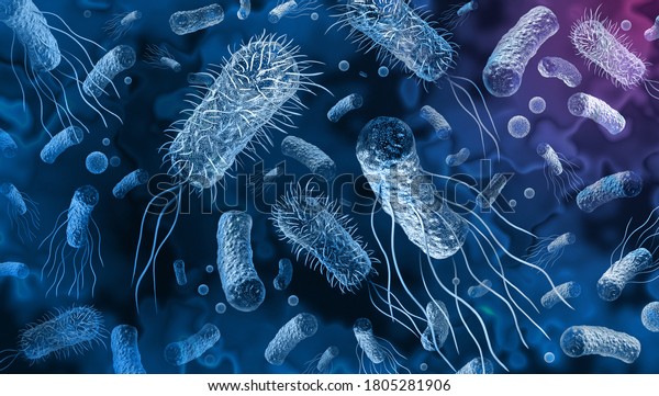 Bacteria outbreak and\
bacterial infection as a microscopic background as dangerous\
disease strain case as a medical health risk concept with disease\
cells as a 3D\
render.