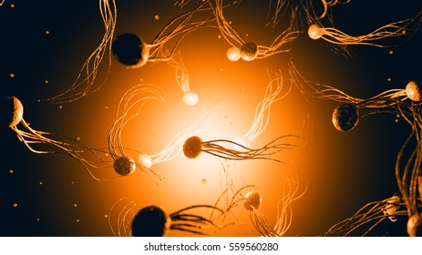 Bacteria  small particle with tentacles. 3d illustration background. Scientific background