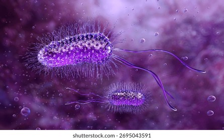 Bacteria structure 3D model. Escherichia coli, pseudomonas pathogenic microorganisms with flagella and cell membrane details. Infection biology, antibiotic resistance research, bacterial biotechnology