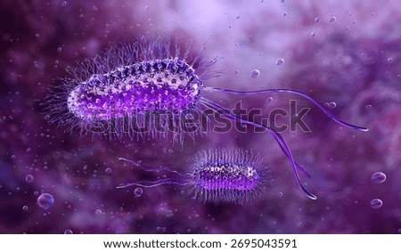 Bacteria structure 3D model. Escherichia coli, pseudomonas pathogenic microorganisms with flagella and cell membrane details. Infection biology, antibiotic resistance research, bacterial biotechnology