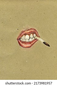 Bad Girl Smoking Weed Concept. Dirty Red Lips Close Up Wallpaper. Sexy Lips With Cigarette. Attractive Female Mouth. Quit Smoking. Bad Habit. Ink And Watercolor Illustration Sketch Image. 