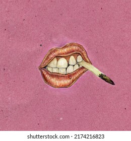 Bad Girl Smoking Weed Concept. Dirty Red Lips Close Up Wallpaper. Sexy Lips With Cigarette. Attractive Female Mouth. Quit Smoking. Bad Habit. Ink And Watercolor Illustration Sketch. Pink Background.