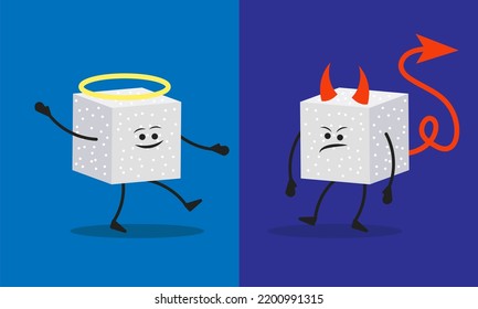 Bad And Good Sugar And Comparison Of The Usefulness Of Cartoon Sugar In Food. Good Helpful Angel Character Vs Bad Sugar Devil. Healthy Or Tasty Food In Sweets And Drinks Concept Illustration